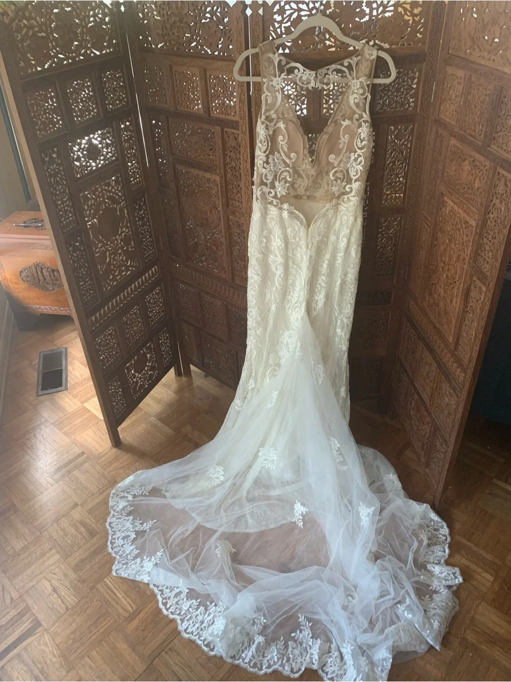 Galina Signature Ivory Lace V-Neck Wedding Gown SWG 772 - Picture 4 of 11